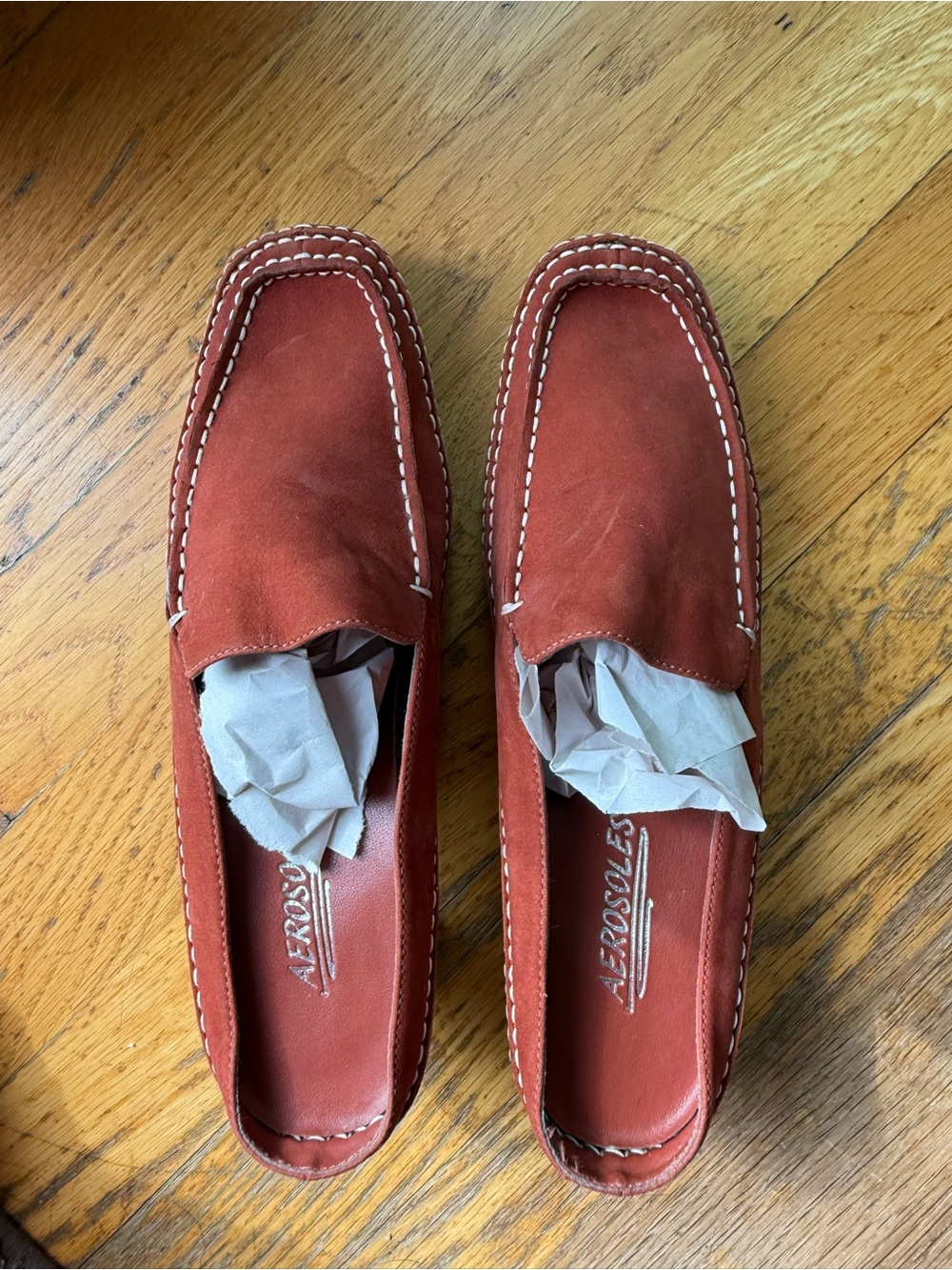 Aeropostale brown suede loafers with white stitching #preppy #classic